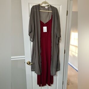 LuLaRoe XL Burgundy Leola jumpsuit with L Gray Chloe Sheer Cover-Up